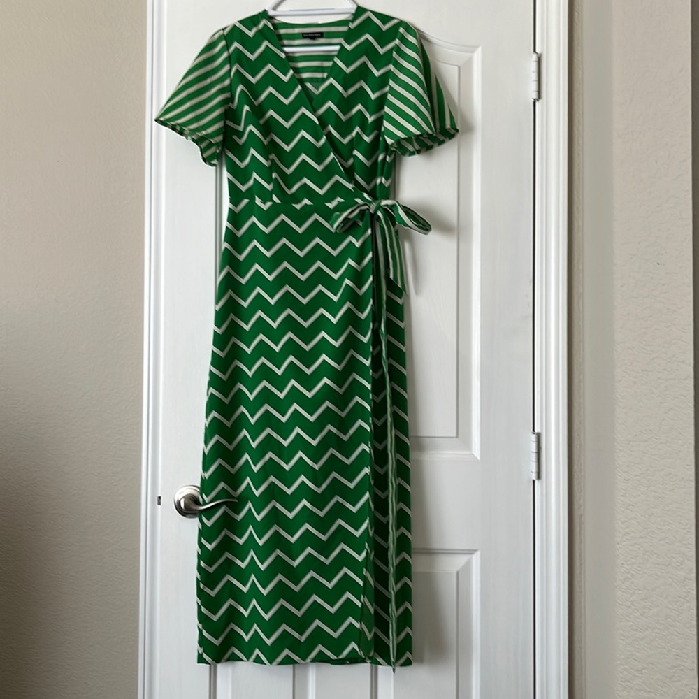 New Green Striped Wrap Dress
